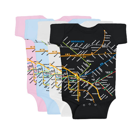 Brooklyn Map Rompers | Different color rompers featuring a vibrant Brooklyn subway map print with NYC Subway Line logo on the back, 100% cotton