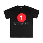 Kids Classic Subway Logo Tee | Black t-shirt with a blue circle featuring a white "1". Text below reads: "Uptown to Bronx." Perfect for fans of the NYC Subway Line.