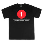 Classic Subway Tees | Black t-shirt with a blue circle featuring a white "1". Text below reads: "Uptown to Bronx." Perfect for fans of the NYC Subway Line.