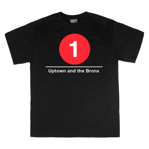 Classic Subway Tees | Black t-shirt with a blue circle featuring a white "1". Text below reads: "Uptown to Bronx." Perfect for fans of the NYC Subway Line.