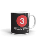 Classic Subway Logo Coffee Mugs | Ceramic mug with a red circle featuring a white "3". Text below reads: "Harlem to Queens." Perfect for fans of the NYC Subway Line.