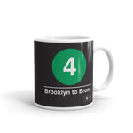 Classic Subway Logo Coffee Mugs | Ceramic mug with a green circle featuring a white "4". Text below reads: "Brooklyn to Bronx." Perfect for fans of the NYC Subway Line.
