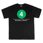 Classic Subway Tees | Black t-shirt with a blue circle featuring a white "4". Text below reads: "Brooklyn to Bronx." Perfect for fans of the NYC Subway Line.