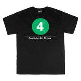 Classic Subway Tees | Black t-shirt with a blue circle featuring a white "4". Text below reads: "Brooklyn to Bronx." Perfect for fans of the NYC Subway Line.