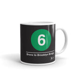 Classic Subway Logo Coffee Mugs | Ceramic mug with a green circle featuring a white "6". Text below reads: "Bronx to Brooklyn Bridge." Perfect for fans of the NYC Subway Line.