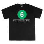 Classic Subway Tees | Black t-shirt with a blue circle featuring a white "6". Text below reads: "Bronx to Brooklyn Bridge." Perfect for fans of the NYC Subway Line.