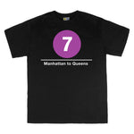 Classic Subway Tees | Black t-shirt with a blue circle featuring a white "7". Text below reads: "Manhattan to Queens." Perfect for fans of the NYC Subway Line.