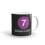 Classic Subway Logo Coffee Mugs | Ceramic mug with a purple circle featuring a white "7". Text below reads: "Manhattan to Queens." Perfect for fans of the NYC Subway Line.