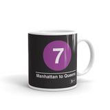 Classic Subway Logo Coffee Mugs | Ceramic mug with a purple circle featuring a white "7". Text below reads: "Manhattan to Queens." Perfect for fans of the NYC Subway Line.