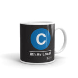 Classic Subway Logo Coffee Mugs | Ceramic mug with a blue circle featuring a white "C". Text below reads: "8th Av Local." Perfect for fans of the NYC Subway Line.