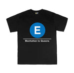 Kids Classic Subway Logo Tee | Black t-shirt with a blue circle featuring a white "E". Text below reads: "Manhattan to Queens." Perfect for fans of the NYC Subway Line.