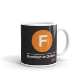 Classic Subway Logo Coffee Mugs | Ceramic mug with a orange circle featuring a white "F". Text below reads: "Brooklyn to Queens." Perfect for fans of the NYC Subway Line.