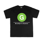 Kids Classic Subway Logo Tee | Black t-shirt with a blue circle featuring a white "G". Text below reads: "Brooklyn to Queens." Perfect for fans of the NYC Subway Line.
