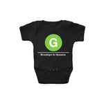 Baby Classic Subway Logo Romper | Black romper with a blue circle featuring a white "G". Text below reads: "Brooklyn to Queens." Perfect for fans of the NYC Subway Line.