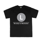 Kids Classic Subway Logo Tee | Black t-shirt with a blue circle featuring a white "L". Text below reads: "Brooklyn to Manhattan." Perfect for fans of the NYC Subway Line.