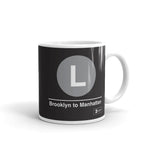 Classic Subway Logo Coffee Mugs | Ceramic mug with a light gray circle featuring a white "L". Text below reads: "Brooklyn to Manhattan." Perfect for fans of the NYC Subway Line.