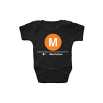 Baby Classic Subway Logo Romper | Black romper with a blue circle featuring a white "M". Text below reads: "Manhattan." Perfect for fans of the NYC Subway Line.