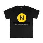 Kids Classic Subway Logo Tee | Black t-shirt with a blue circle featuring a white "N". Text below reads: "Brooklyn to Queens." Perfect for fans of the NYC Subway Line.