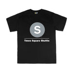 Kids Classic Subway Logo Tee | Black t-shirt with a blue circle featuring a white  "S". Text below reads: "Times Square Shuttle." Perfect for fans of the NYC Subway Line.