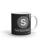Classic Subway Logo Coffee Mugs | Ceramic mug with a light gray circle featuring a white "S". Text below reads: "Times Square Shuttle." Perfect for fans of the NYC Subway Line.