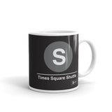 Classic Subway Logo Coffee Mugs | Ceramic mug with a light gray circle featuring a white "S". Text below reads: "Times Square Shuttle." Perfect for fans of the NYC Subway Line.