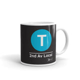 Classic Subway Logo Coffee Mugs | Ceramic mug with a turquoise circle featuring a white "T". Text below reads: "2nd Av Local." Perfect for fans of the NYC Subway Line.
