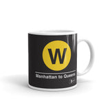 Classic Subway Logo Coffee Mugs | Ceramic mug with a yellow circle featuring a black "W". Text below reads: "Manhattan to Queens." Perfect for fans of the NYC Subway Line.