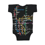 Manhattan Map Rompers | Black rompers featuring a vibrant Manhattan subway map print with NYC Subway Line logo on the back, 100% cotton