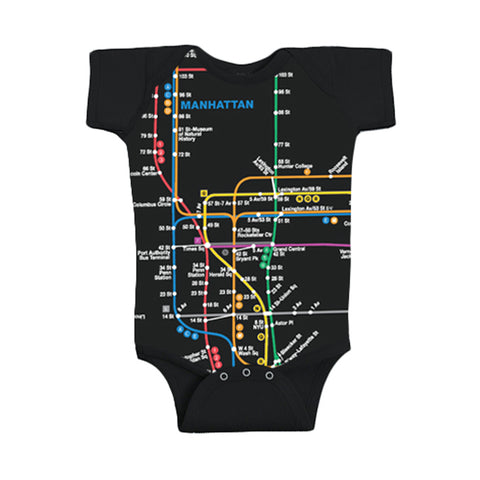 Manhattan Map Rompers | Black rompers featuring a vibrant Manhattan subway map print with NYC Subway Line logo on the back, 100% cotton
