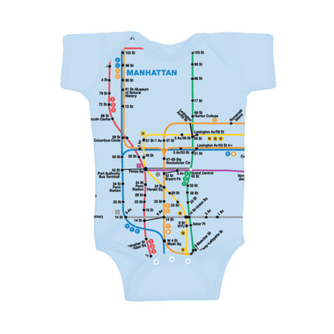 Manhattan Map Rompers | Blue rompers featuring a vibrant Manhattan subway map print with NYC Subway Line logo on the back, 100% cotton