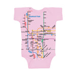 Manhattan Map Rompers | Pink rompers featuring a vibrant Manhattan subway map print with NYC Subway Line logo on the back, 100% cotton