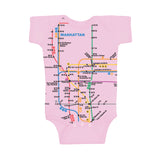 Manhattan Map Rompers | Pink rompers featuring a vibrant Manhattan subway map print with NYC Subway Line logo on the back, 100% cotton