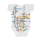Manhattan Map Rompers | White rompers featuring a vibrant Manhattan subway map print with NYC Subway Line logo on the back, 100% cotton