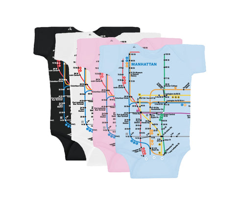 Manhattan Map Rompers | Different color rompers featuring a vibrant Manhattan subway map print with NYC Subway Line logo on the back, 100% cotton