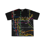 Toddler Manhattan Map Tee | Black toddler tee featuring a vibrant Manhattan subway map print with NYC Subway Line logo on the back, 100% cotton