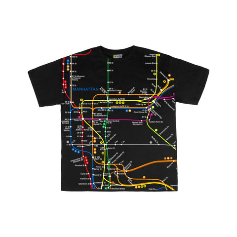 Toddler Manhattan Map Tee | Black toddler tee featuring a vibrant Manhattan subway map print with NYC Subway Line logo on the back, 100% cotton
