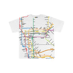 Toddler Manhattan Map Tee | NYC Subway Line | White toddler tee featuring a vibrant Manhattan subway map print with NYC Subway Line logo on the back, 100% cotton