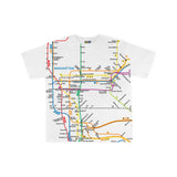 Toddler Manhattan Map Tee | NYC Subway Line | White toddler tee featuring a vibrant Manhattan subway map print with NYC Subway Line logo on the back, 100% cotton