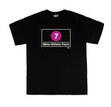 Mets Stadium Station Tee | Black t-shirt featuring Mets Stadium subway line symbols from 'New York City Subways'. Perfect for fans of the NYC Subway Line.