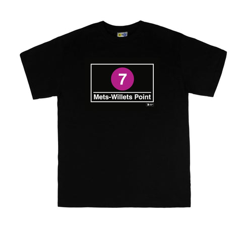 Mets Stadium Station Tee | Black t-shirt featuring Mets Stadium subway line symbols from 'New York City Subways'. Perfect for fans of the NYC Subway Line.