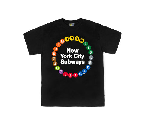 NYC Subway Line Toddler Multi-Circle Tee | Black Kids Tee featuring a colorful circular design of 23 NYC subway line symbols surrounding the text 'New York City Subways,' made from 100% cotton