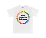 NYC Subway Line Toddler Multi-Circle Tee | White Kids Tee featuring a colorful circular design of 23 NYC subway line symbols surrounding the text 'New York City Subways,' made from 100% cotton