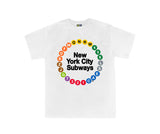 NYC Subway Line Toddler Multi-Circle Tee | White Kids Tee featuring a colorful circular design of 23 NYC subway line symbols surrounding the text 'New York City Subways,' made from 100% cotton