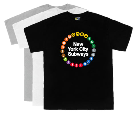 3 Color t-shirt featuring a colorful circular design of 23 NYC subway line symbols surrounding the text 'New York City Subways,' made from 100% cotton