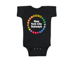 NYC Subway Line Toddler Multi-Circle Romper | Black Romper Tee featuring a colorful circular design of 23 NYC subway line symbols surrounding the text 'New York City Subways,' made from 100% cotton
