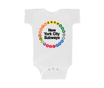 NYC Subway Line Toddler Multi-Circle Romper | White Toddler Romper featuring a colorful circular design of 23 NYC subway line symbols surrounding the text 'New York City Subways,' made from 100% cotton