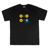 Run NYC T Shirt | Black tee with bold 'RUN NYC' message design, celebrating the spirit of New York City, made from 100% cotton.